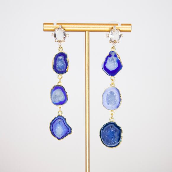 Dangle Earrings Something Blue Geode Earrings Gold Plated Wedding Holiday Party - Picture 1 of 1